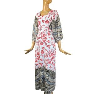 1970s Miss Elaine bohemian cotton sundress. Vintage empire waist flare‎ sleeve